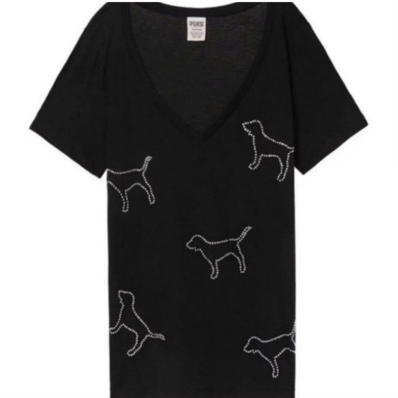 PINK Victoria's Secret Black V-Neck Tee rhinestone dog rare XS - Picture 2 of 6